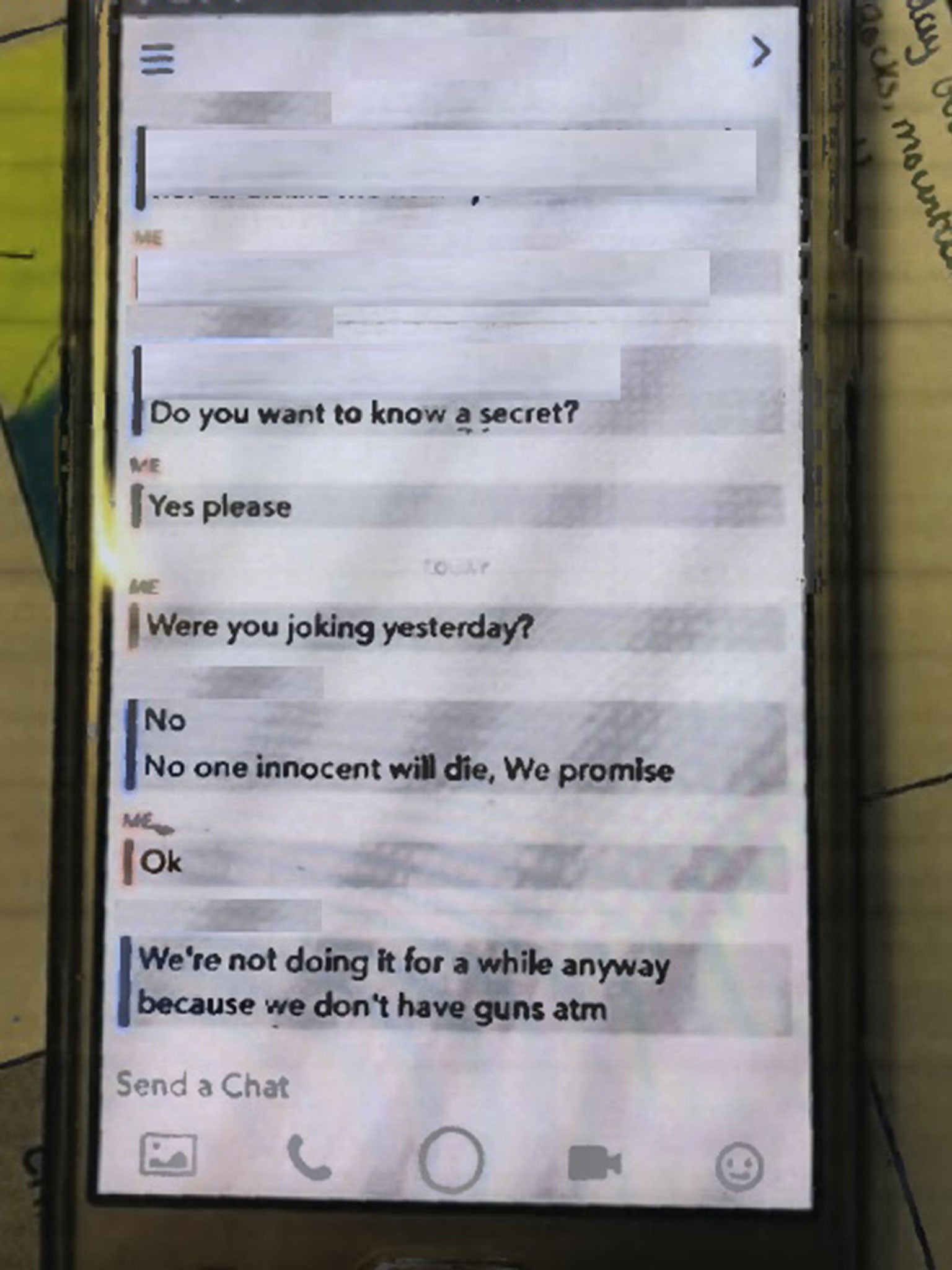 Snapchat messages from the second defendant to a friend in September 2017 (North East CTU)