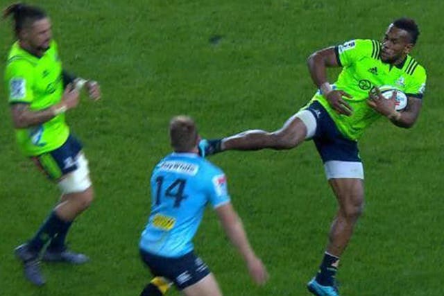 Highlanders wing Tevita Nabura has been banned for six weeks for this kick to the head of Cam Clark