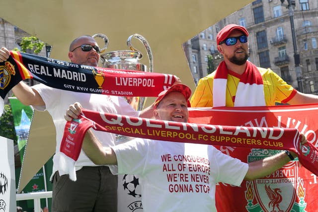 Liverpool fans started to arrive in the Ukraine capital on Thursday ahead of the final