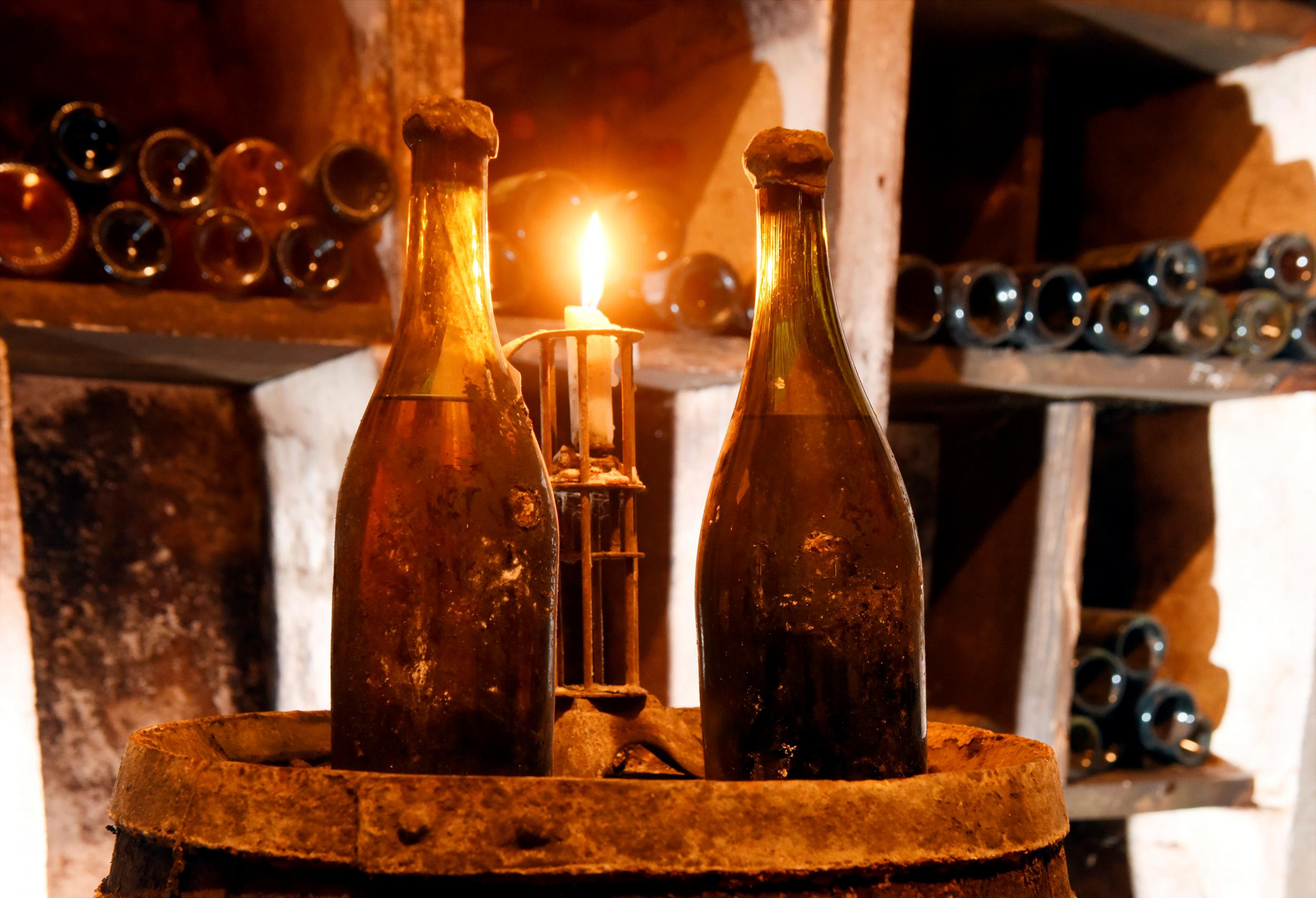 Two bottles, of three vintage bottles of vin jaune "yellow wine" from 1774