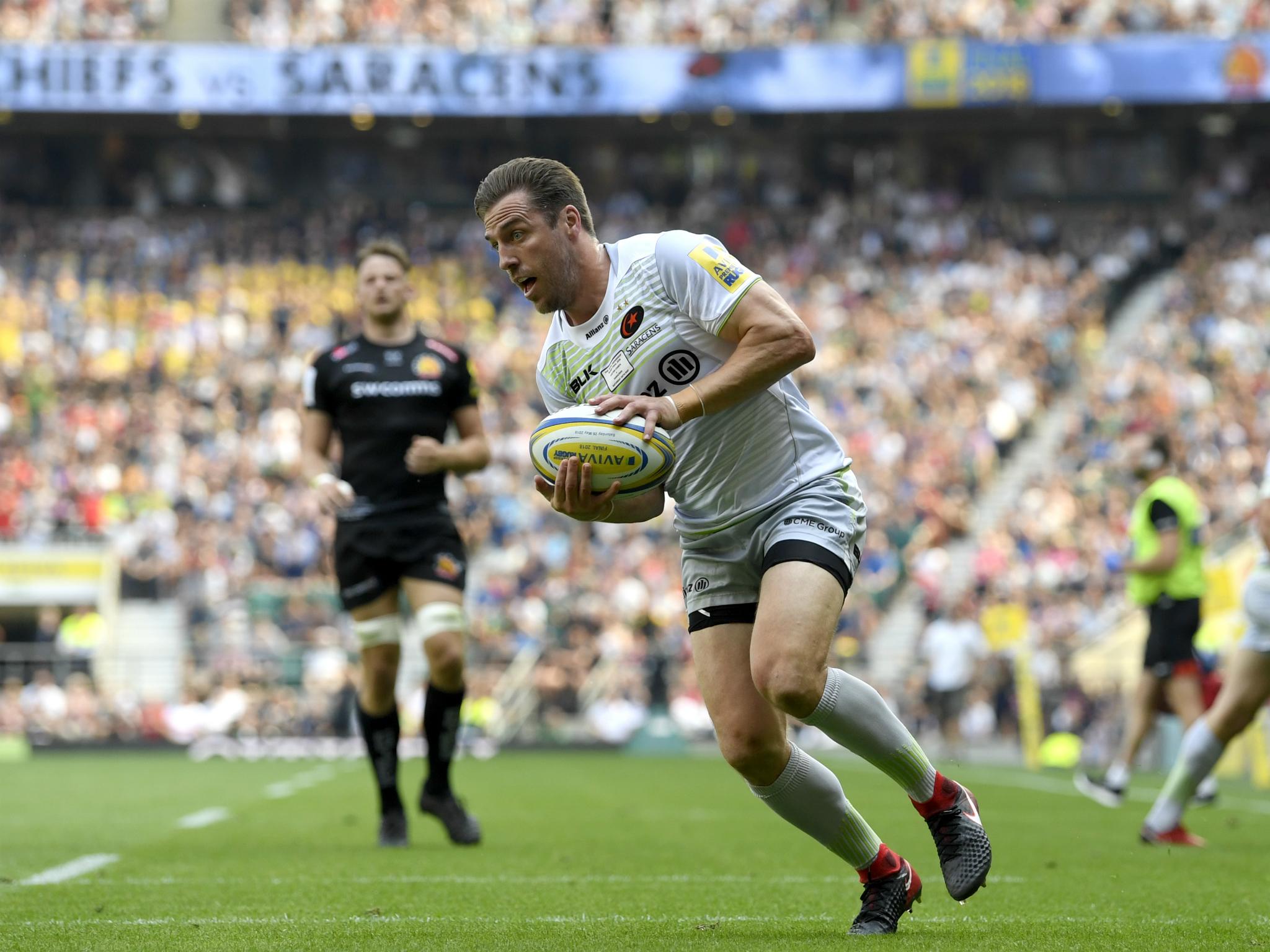 Chris Wyles scores the second try for Saracens in the Premiership final against Exeter