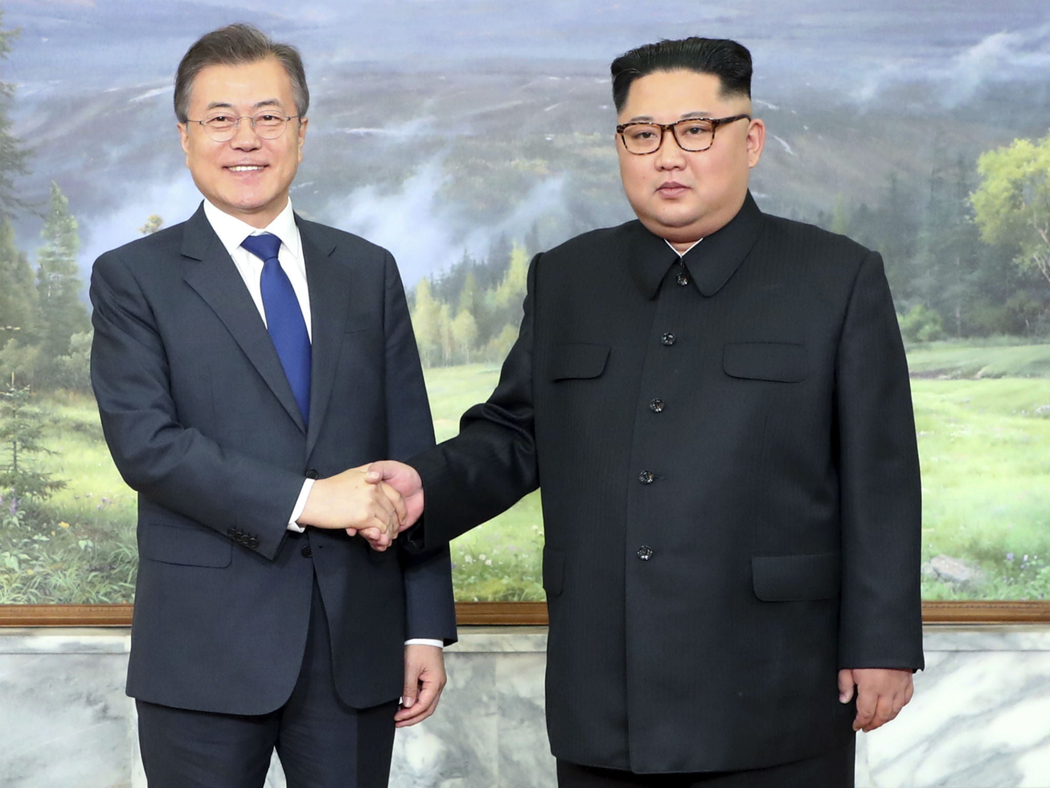 South Korea’s Moon Jae-in meets Kim Jong-un at the border city of Panmunjom in May – Kim has reaffirmed a commitment to denuclearisation and working with Washington