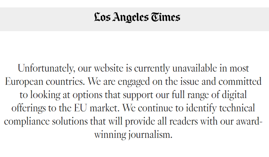 ‘LA Times’ error message for people trying to see the website from the EU