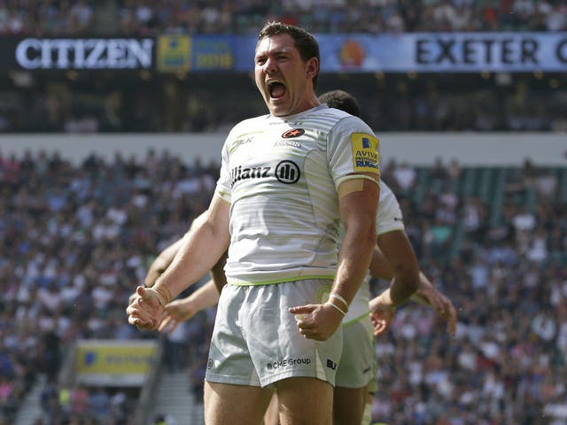 Alex Goode celebrates Nathan Earle's try that sealed the Premiership final victory