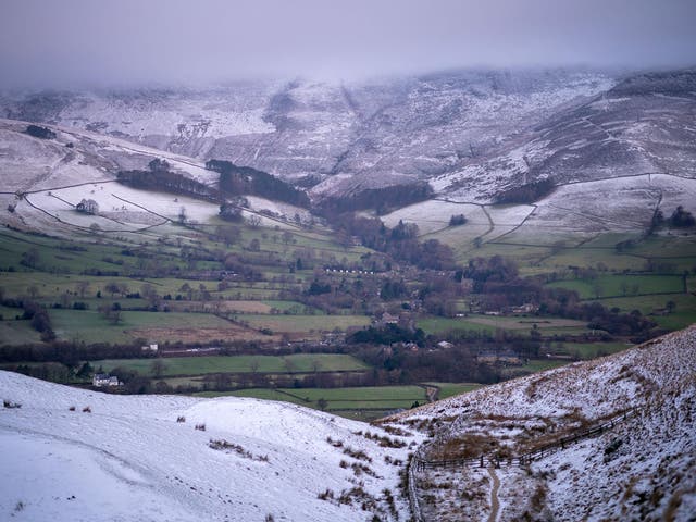 The snow-topped hills of the Peak District near Edale, Derbyshire.