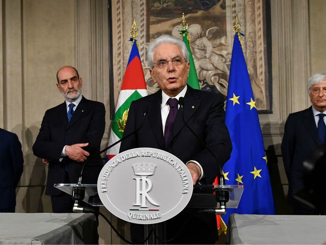 Italy's President Sergio Mattarella addresses media after a meeting with Italy's prime ministerial candidate Giuseppe Conte on 27 May 2018 at the Quirinale presidential palace in Rome
