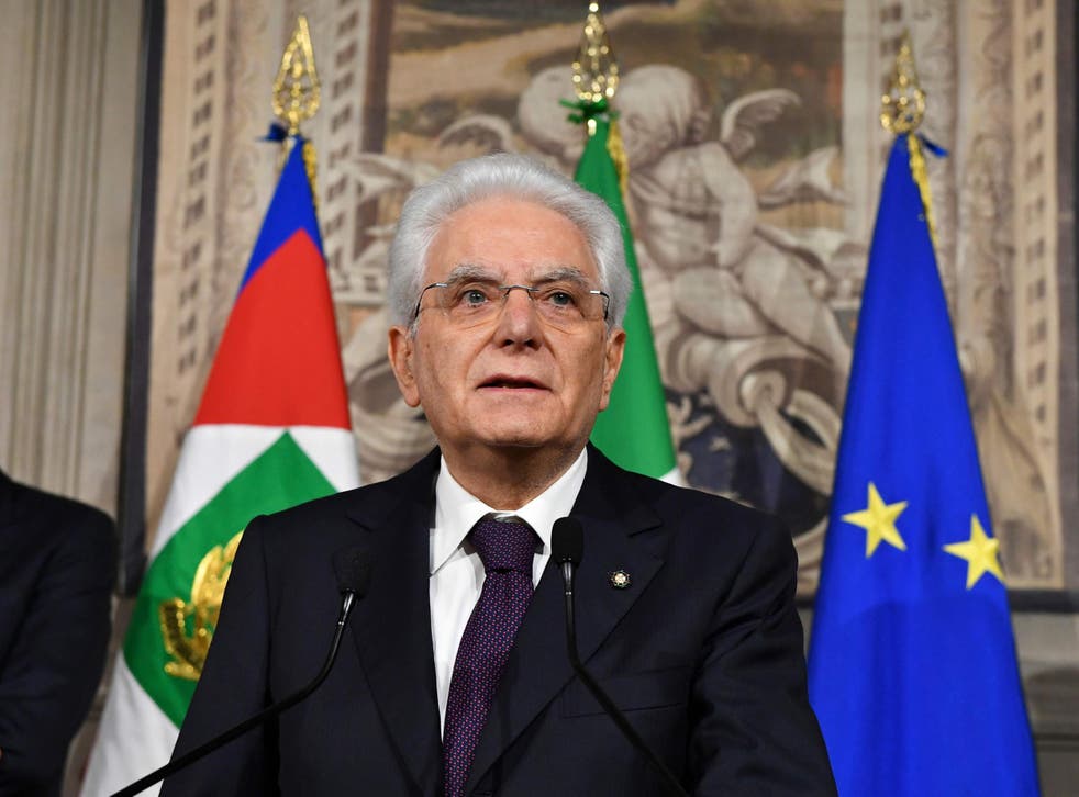 Italy's president Sergio Mattarella addresses journalists in Rome after a meeting with prime ministerial nominee Giuseppe Conte