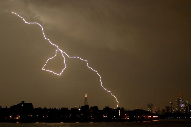 Lightning strikes over the city of London