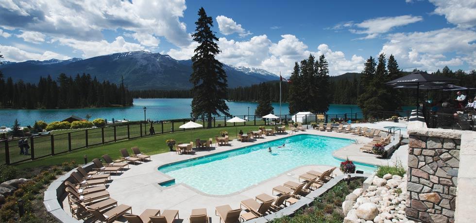 The outdoor heated pool at Fairmont Jasper Park Lodge