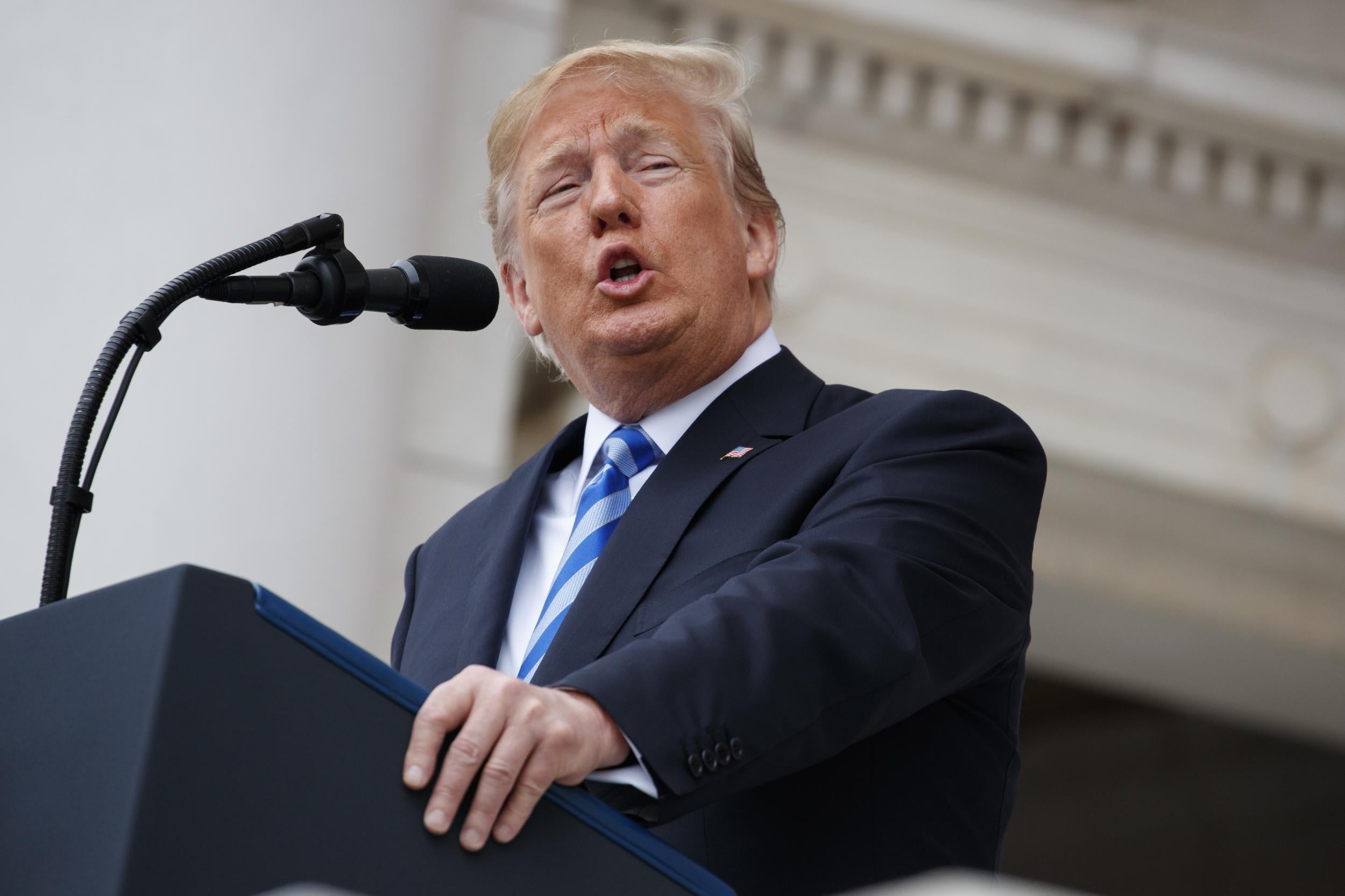 President Donald Trump speaks during a Memorial Day ceremony at Arlington National Cemetery