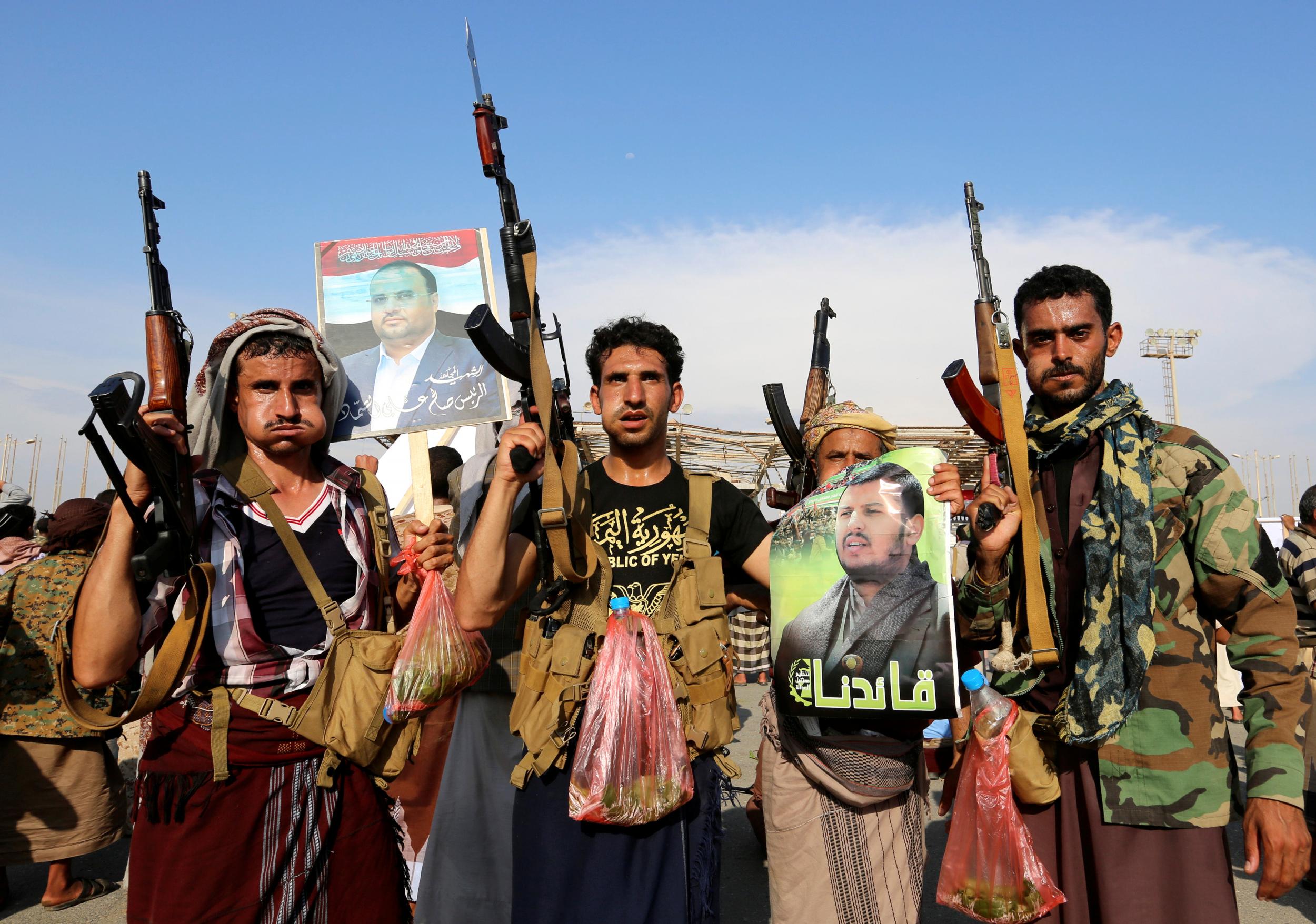 Houthi supporters rally on 25 April 2018 to protest the killing of Saleh al Samad, a senior Houthi official, by a Saudi-led coalition air strike in Hodeidah