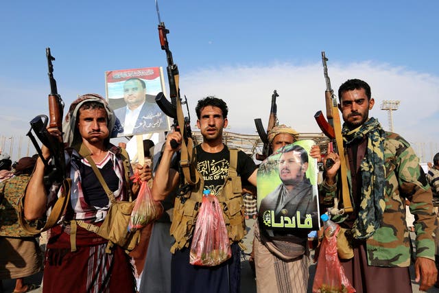 Houthi supporters rally on 25 April 2018 to protest the killing of Saleh al Samad, a senior Houthi official, by a Saudi-led coalition air strike in Hodeidah