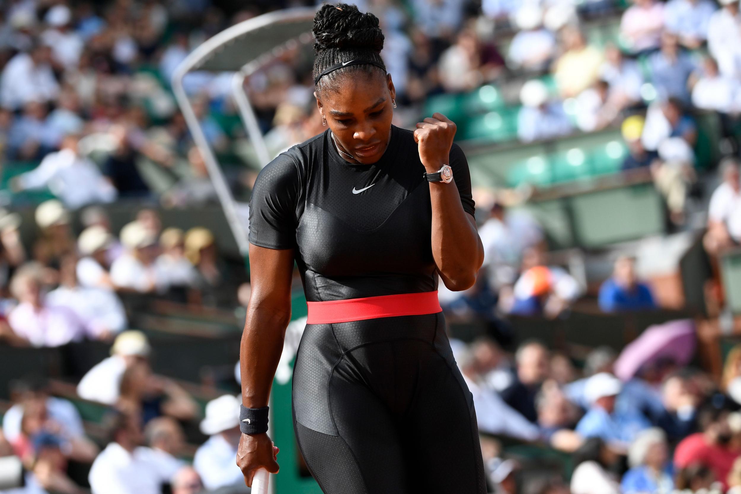 Serena Williams celebrates during her first-round match