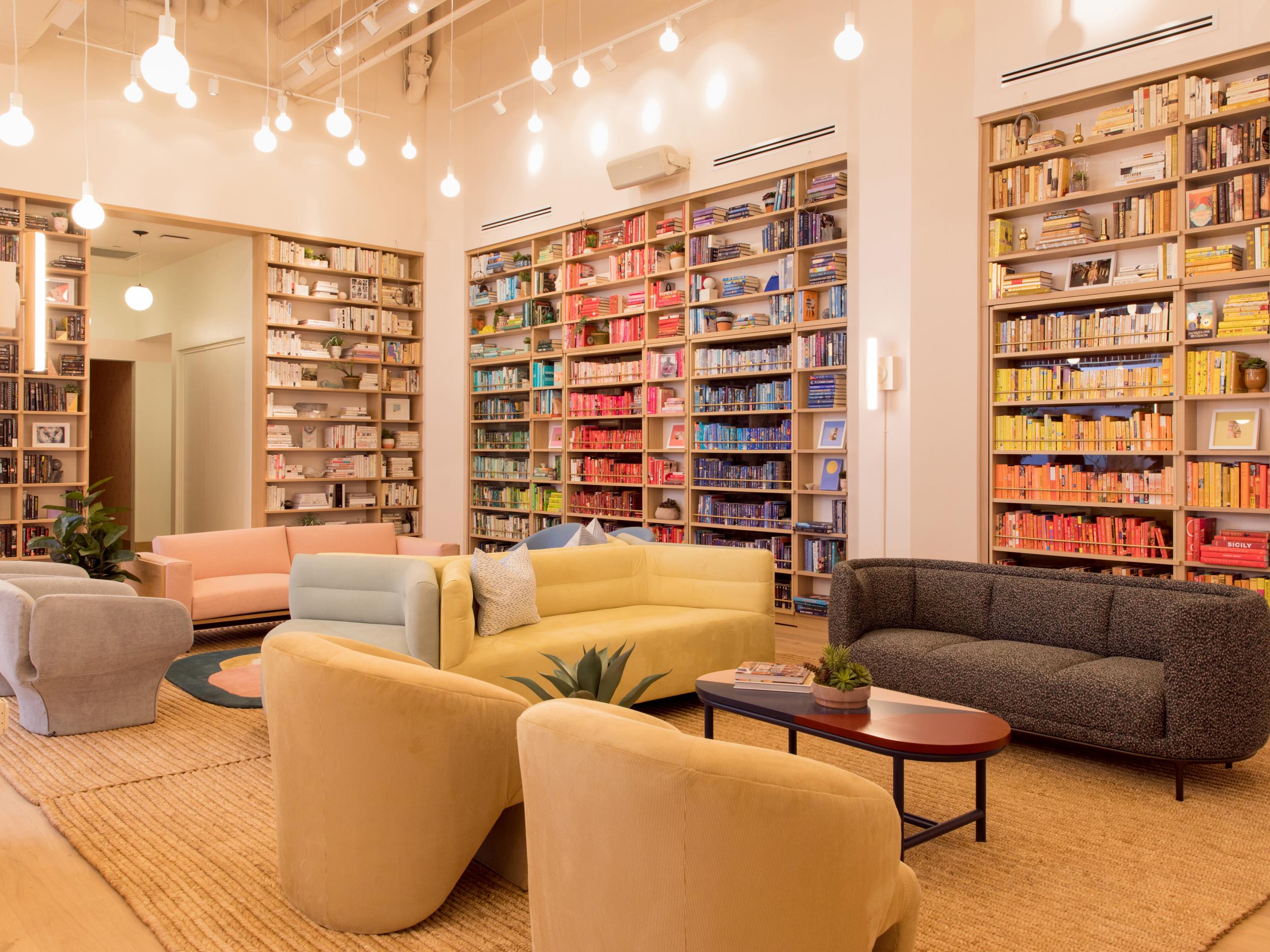 The Wing coworking space organises books by spine colour, a very Instagram-friendly design