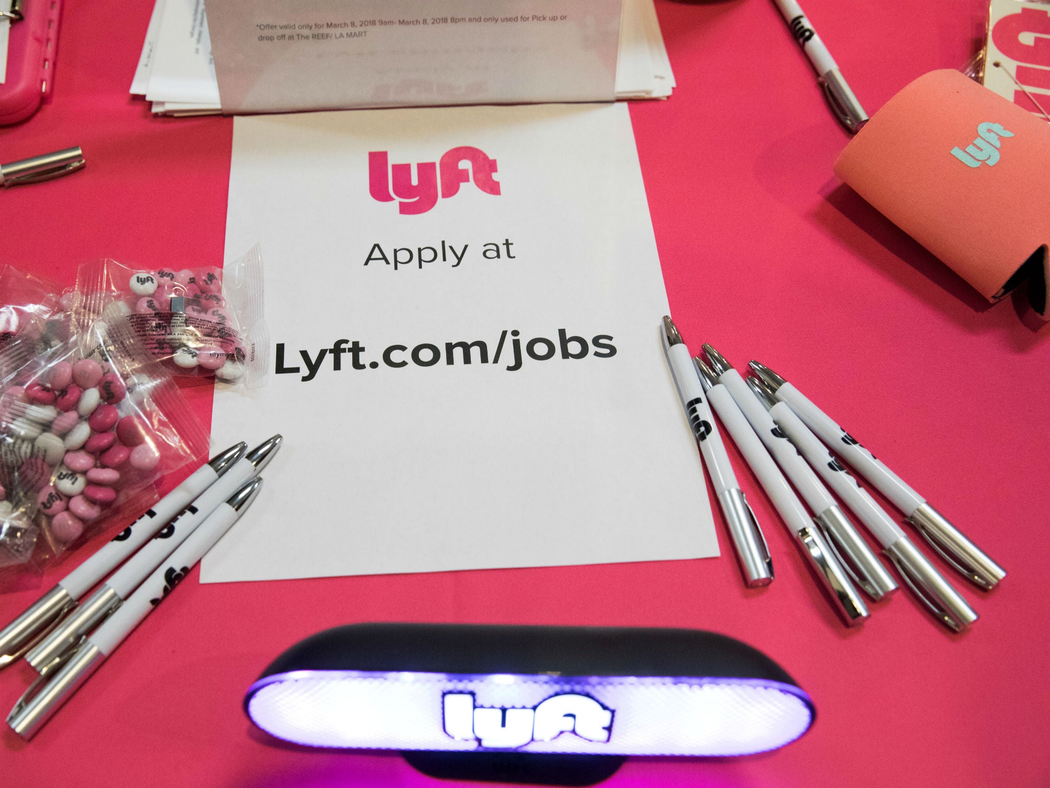 The Lyft booth is seen at job fair in Los Angeles, California