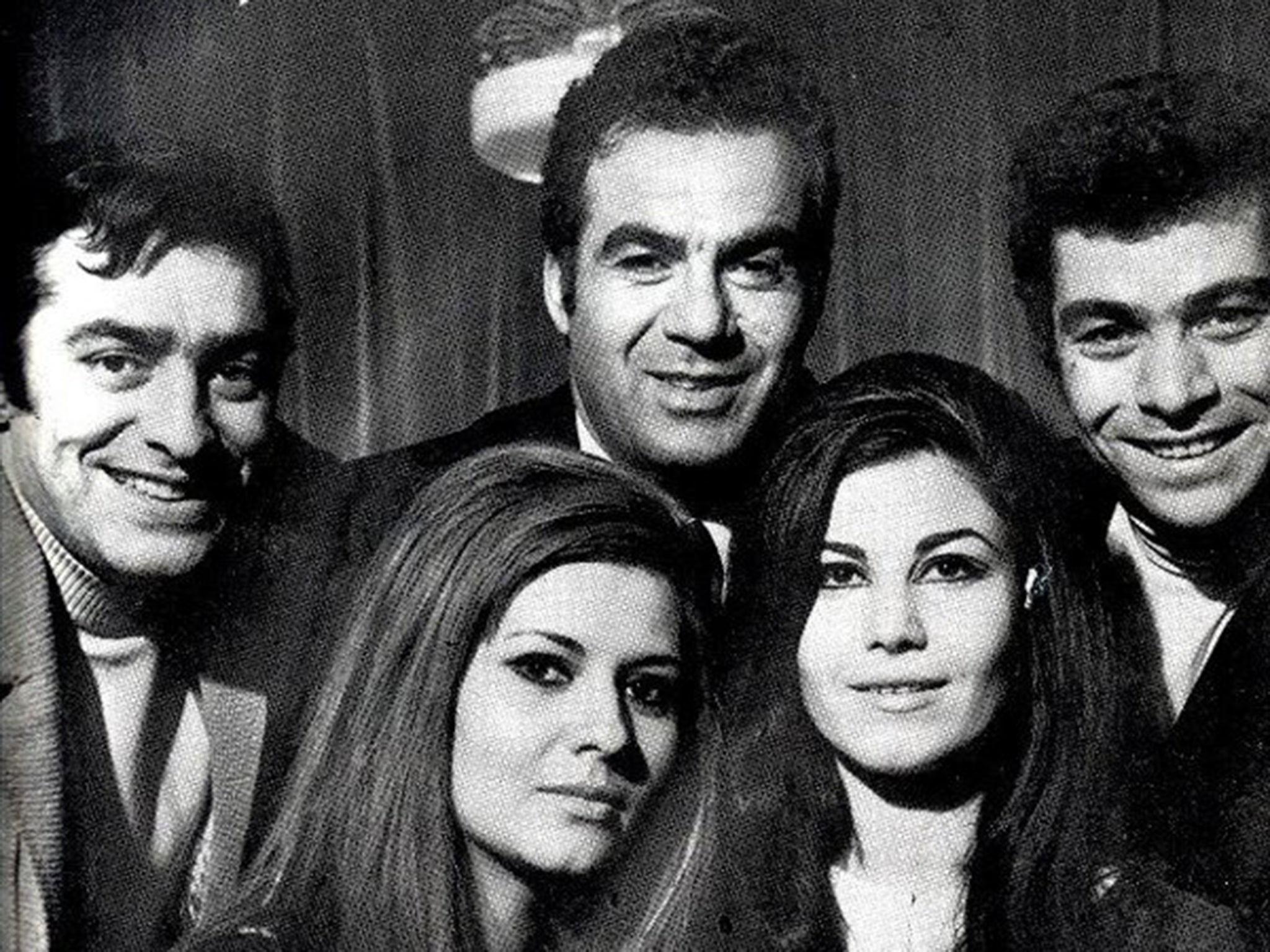 Malek Motiee (centre) in the 1960s with fellow actors (from left) Mohammad-Ali Fardin, Pouri Banayi, Azar Siva and Behrouz Vossoughi