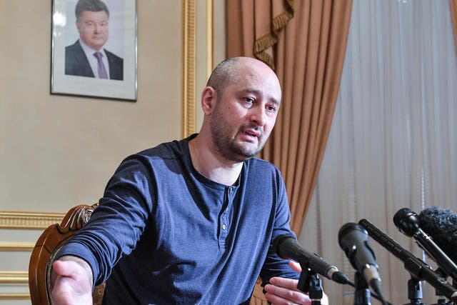 Arkady Babchenko addresses a press conference