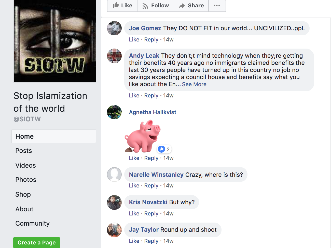 A screenshot shows comments on the Stop Islamization of the World Facebook page