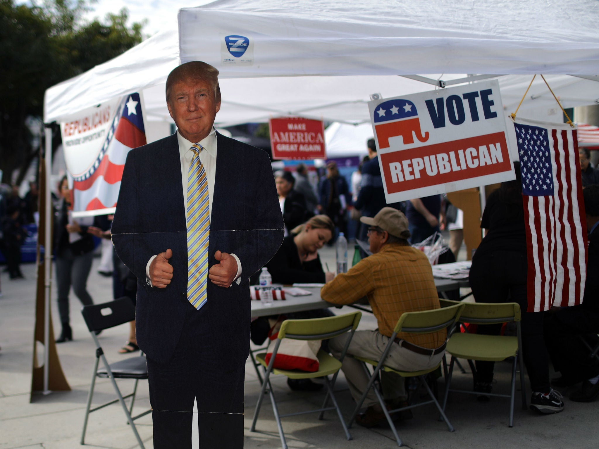 A Republican voter registration tent is seen in Los Angeles, California