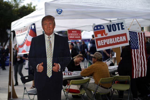 A Republican voter registration tent is seen in Los Angeles, California