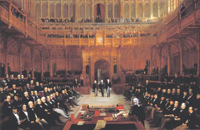 The old House of Commons chamber (before it was rebuilt in 1950), with its red lines