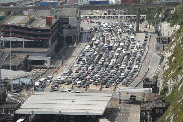 Vehicles queuing at the Port of Dover in Kent