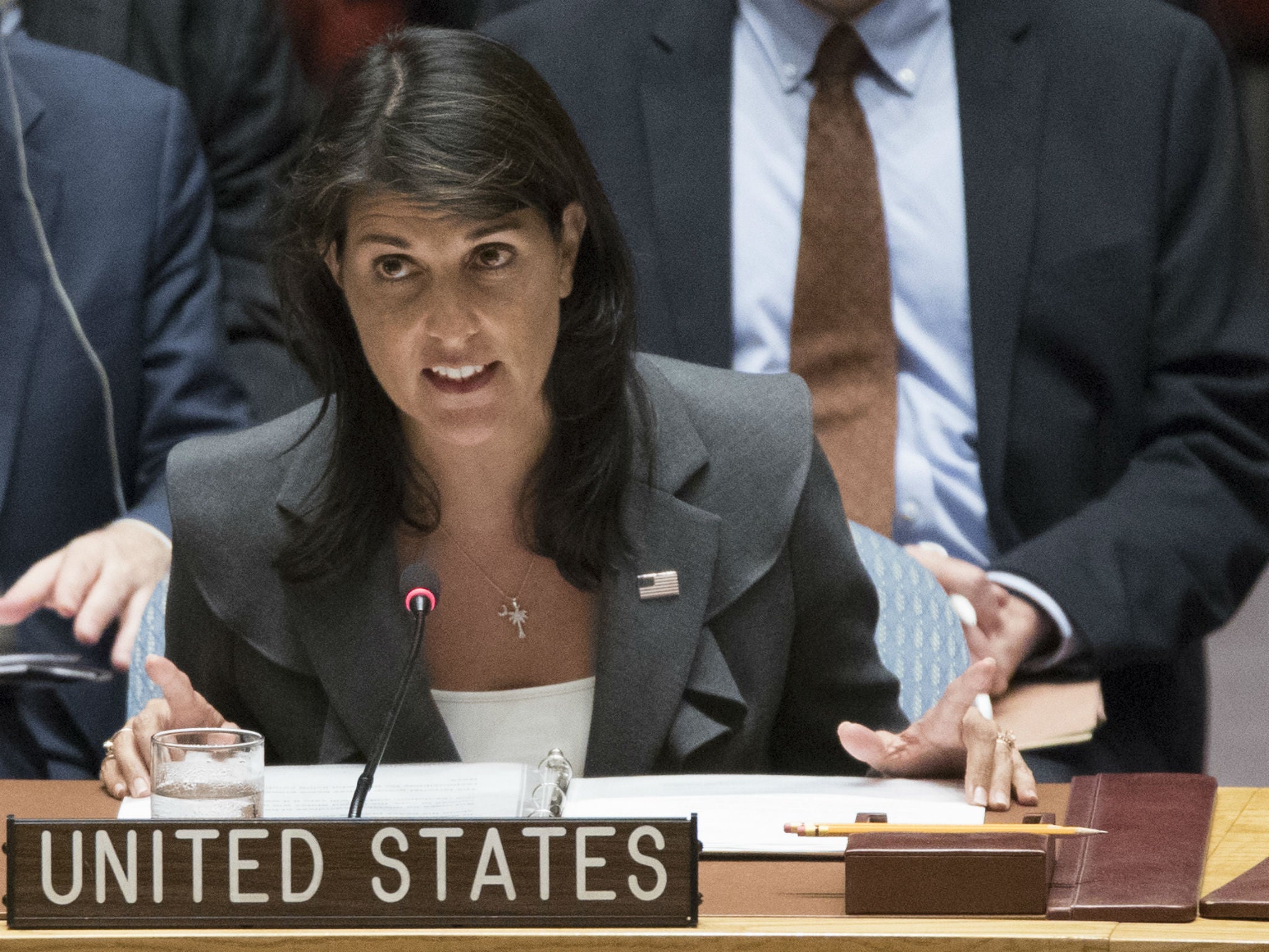 US Ambassador to the United Nations Nikki Haley speaks during a Security Council meeting on the situation between the Israelis and the Palestinians