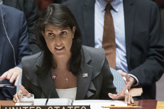 US Ambassador to the United Nations Nikki Haley speaks during a Security Council meeting on the situation between the Israelis and the Palestinians