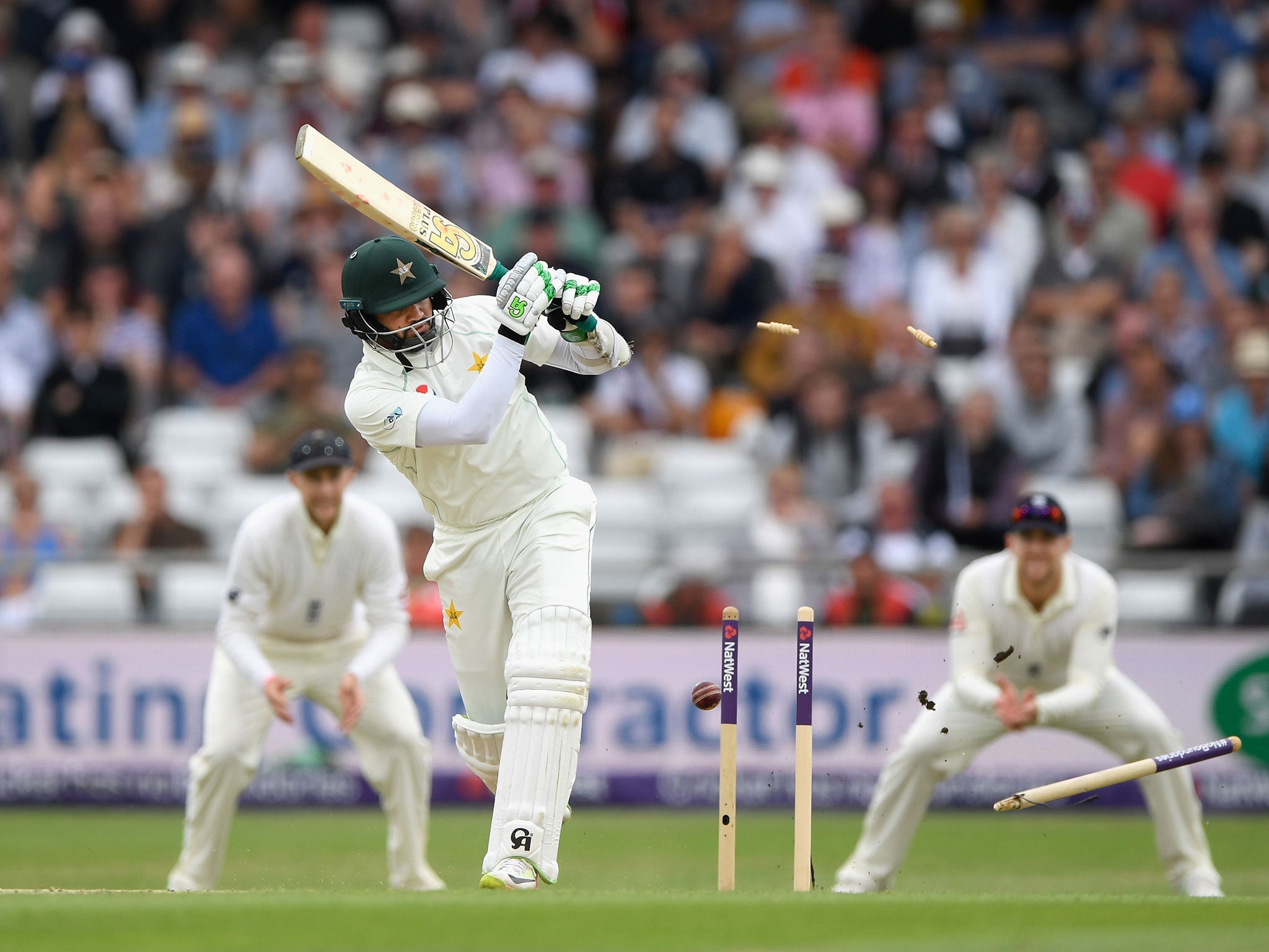 Azhar Ali is bowled by James Anderson