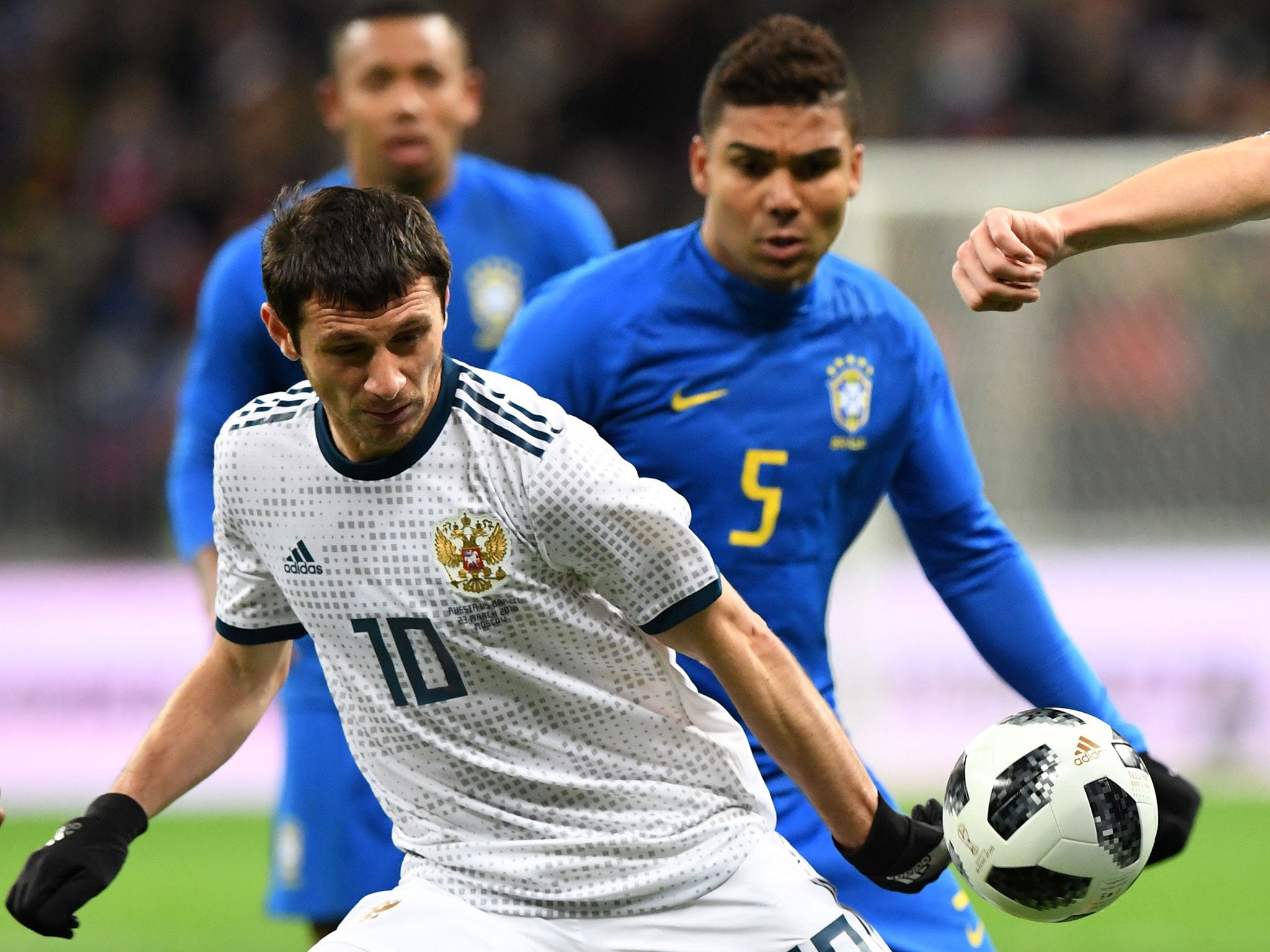 Alan Dzagoev in action for Russia against Brazil
