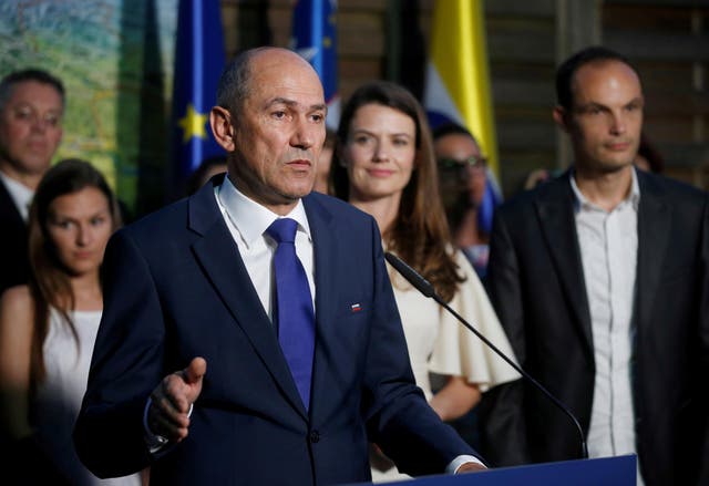 Janez Jansa, leader of the Slovenian Democratic Party (SDS), speaks to the media and supporters after the general election in Ljubljana