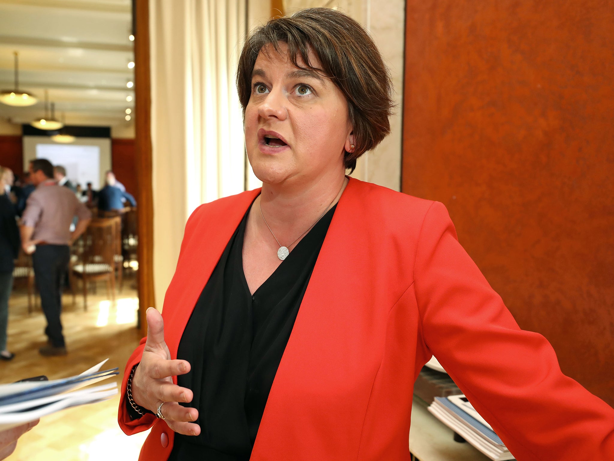 DUP Leader Arlene Foster speaks to the media at Stormont Parliament in Belfast