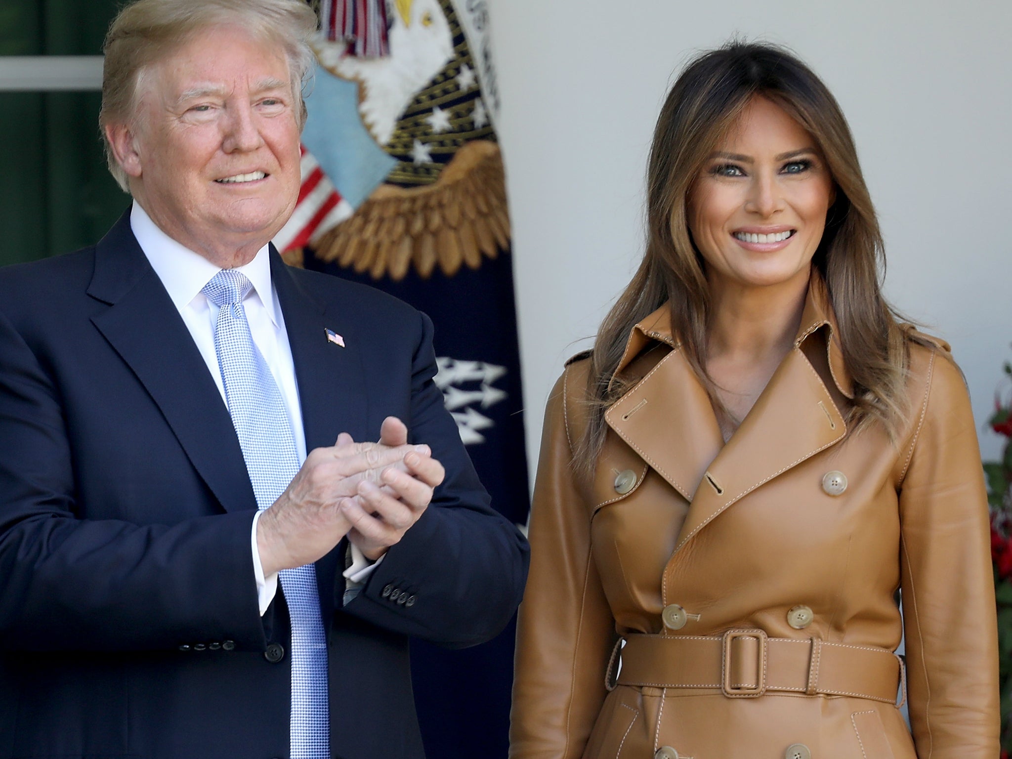 US President Donald Trump applauds after US first lady Melania Trump spoke in the Rose Garden of the White House on 7 May 2018 about the Be Best programme