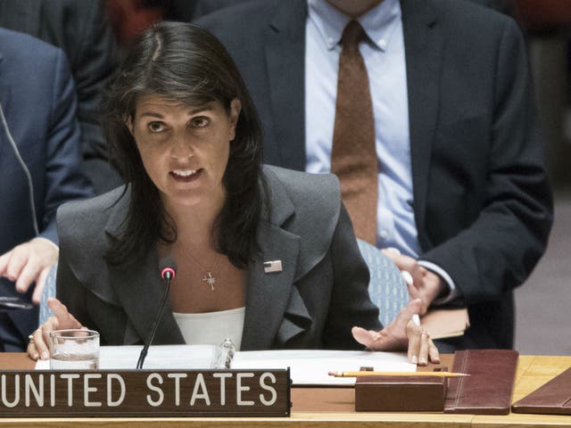 Nikki Haley speaks during a Security Council meeting on the situation between the Israelis and the Palestinians