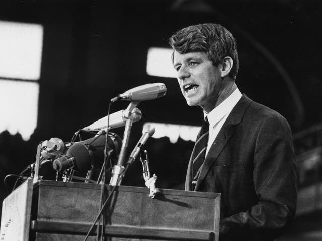 Senator Robert Kennedy speaking at an election rally in 1968