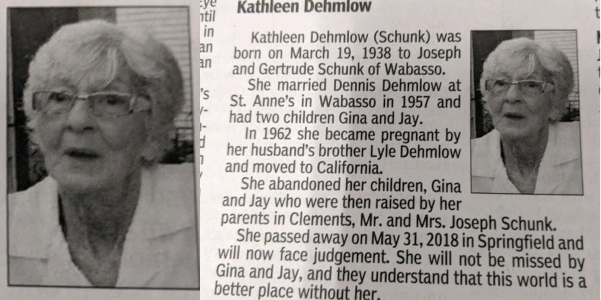 The obituary of Kathleen Dehmlow shocked and fascinated the world this week