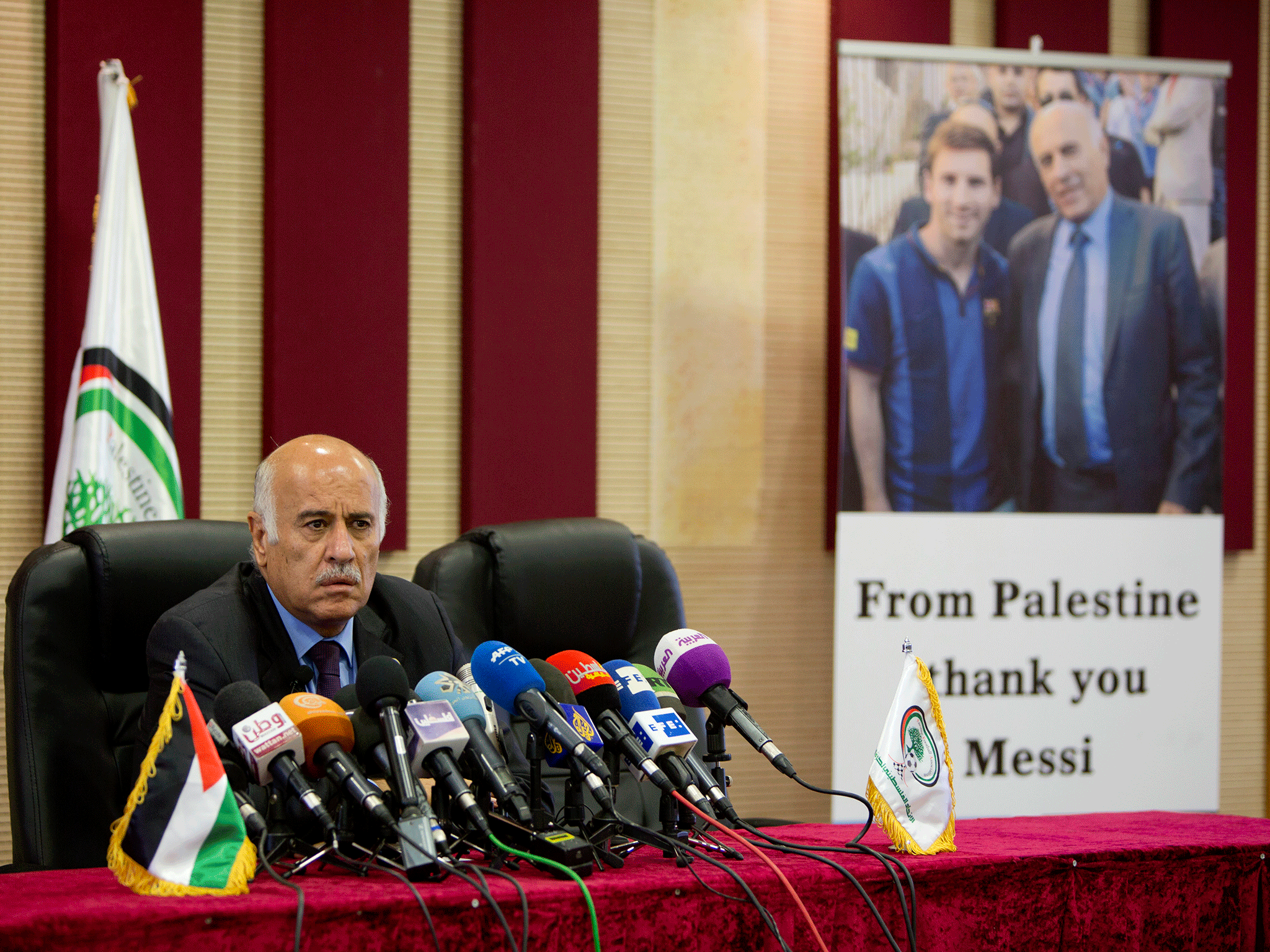 Jibril Rajoub, head of the Palestinian Football Association, speaks on Wednesday