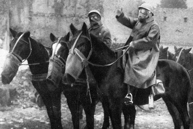 Soldiers and horses wearing gas masks during a German mustard gas attack in the First World War
