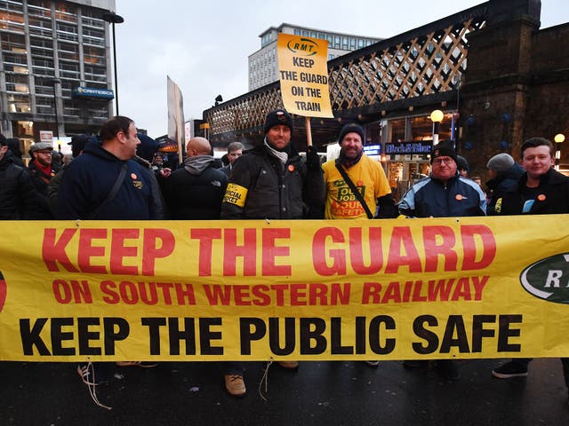 South Western workers picket outside Waterloo Station in London in January 2018