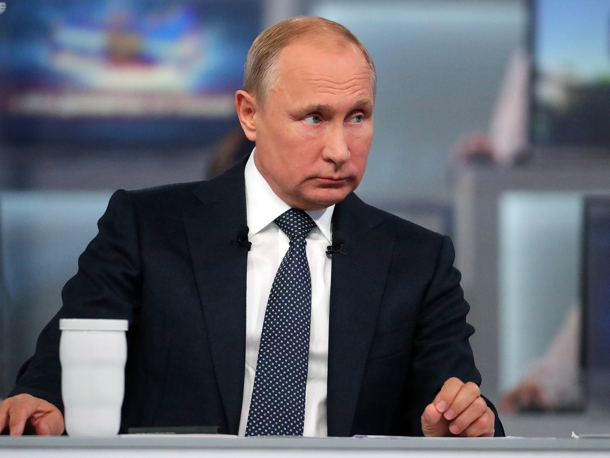 Russian President Vladimir Putin during an annual Question and Answer live-broadcast nationwide television and radio session