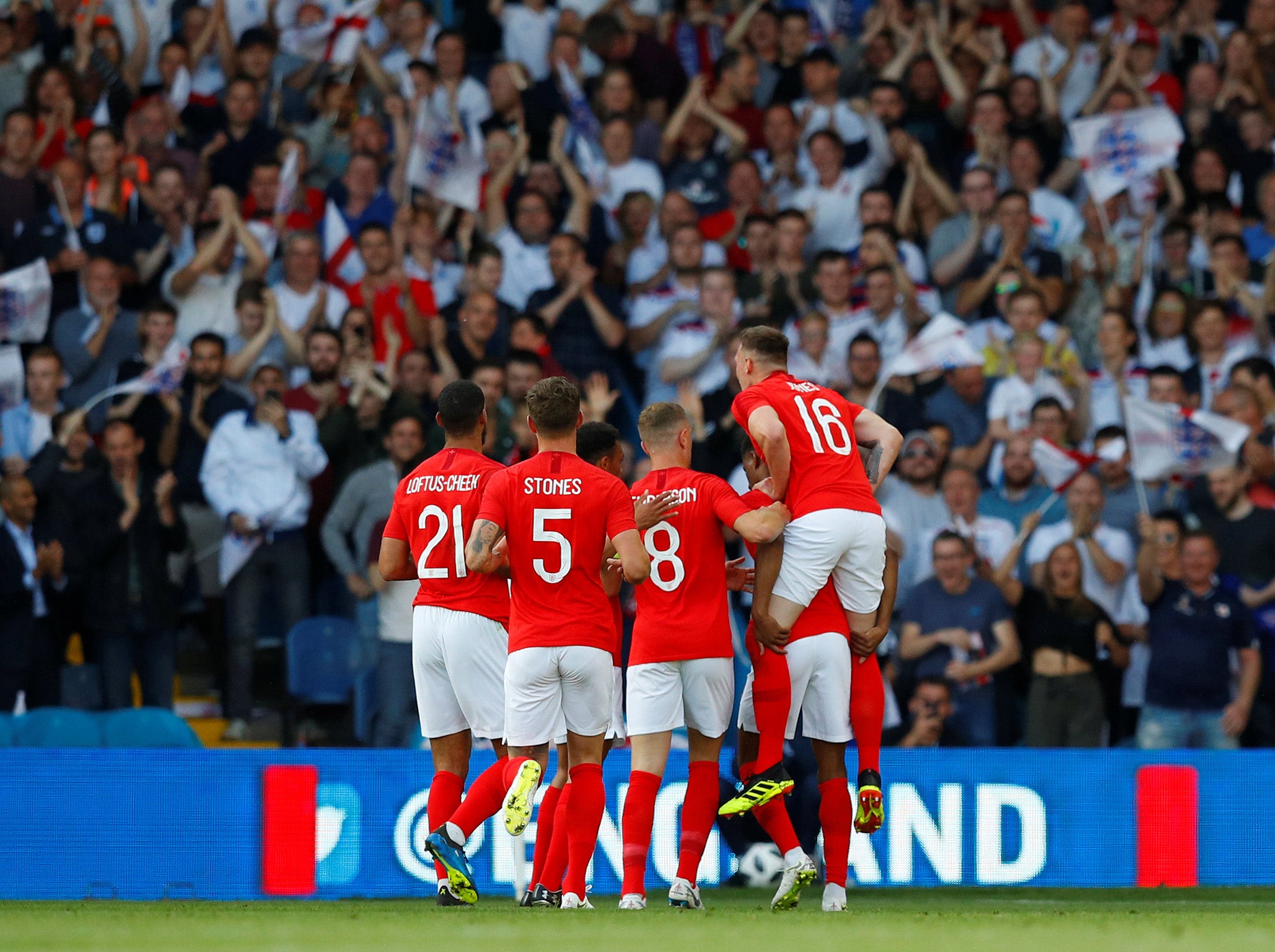 England celebrate their first goal against Costa Rica