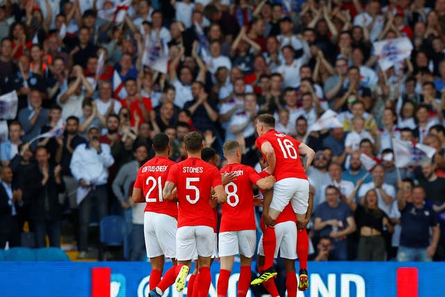 England celebrate their first goal against Costa Rica