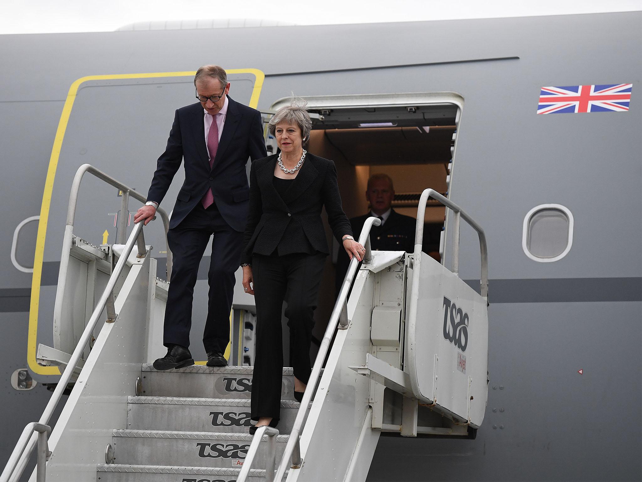 Theresa May and her husband Phillip arrive at CAF Bagotville ahead of the G& summit in Charlevoix, Canada.