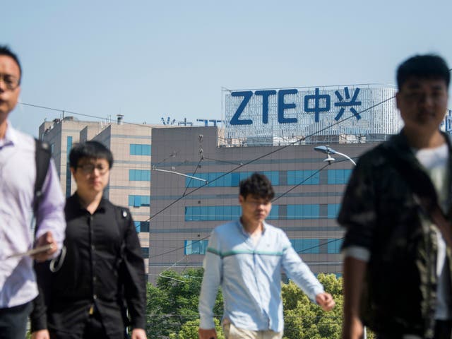 The ZTE logo is seen on an office building in Shanghai on 3 May 2018.
