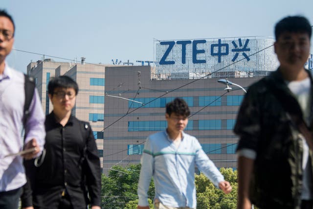 The ZTE logo is seen on an office building in Shanghai on 3 May 2018.