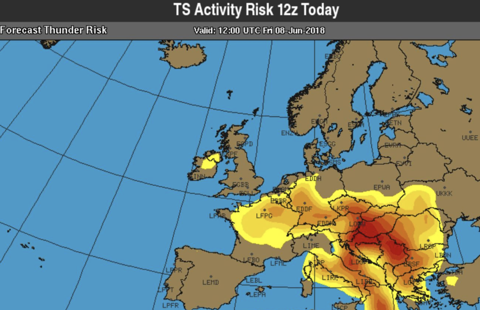 Storm warning: Forecast of thunderstorm activity across Europe