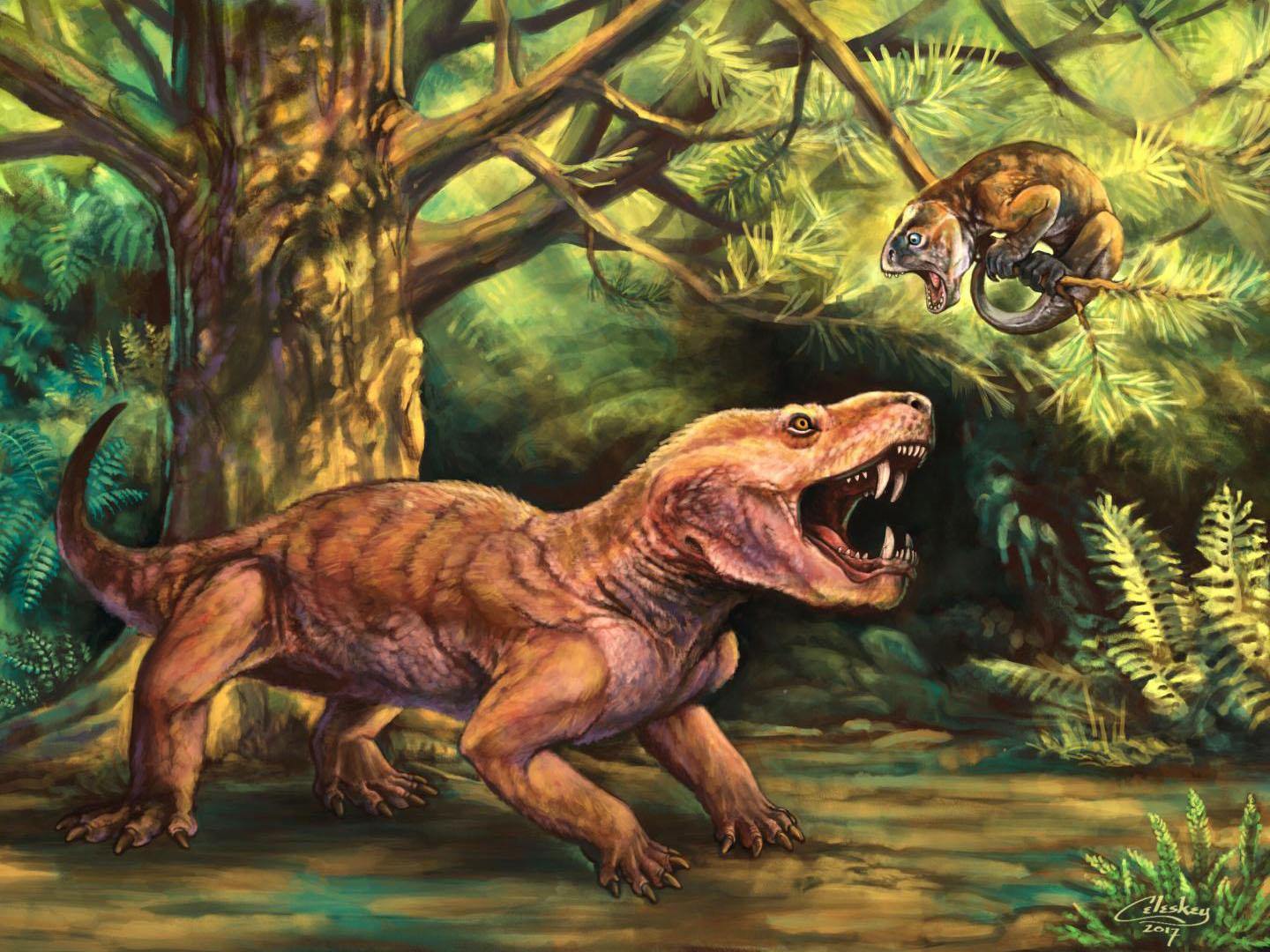 The newly discovered Gorynychus masyutinae, a top predator, hunting a tree-dwelling herbivore