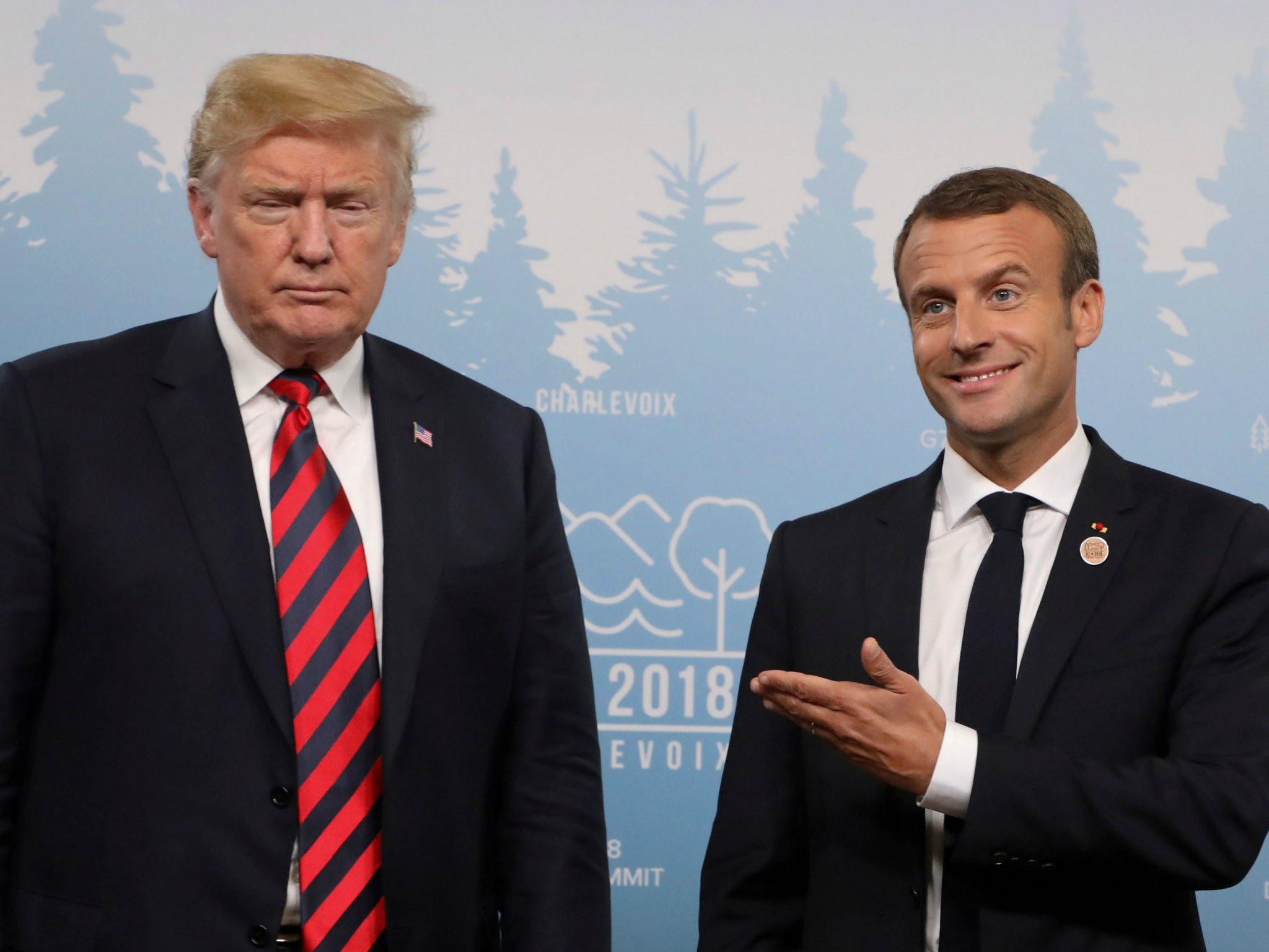 US President Donald Trump and French President Emmanuel Macron hold a meeting on the sidelines of the G7 Summit in La Malbaie, Quebec, Canada on 8 June 2018.
