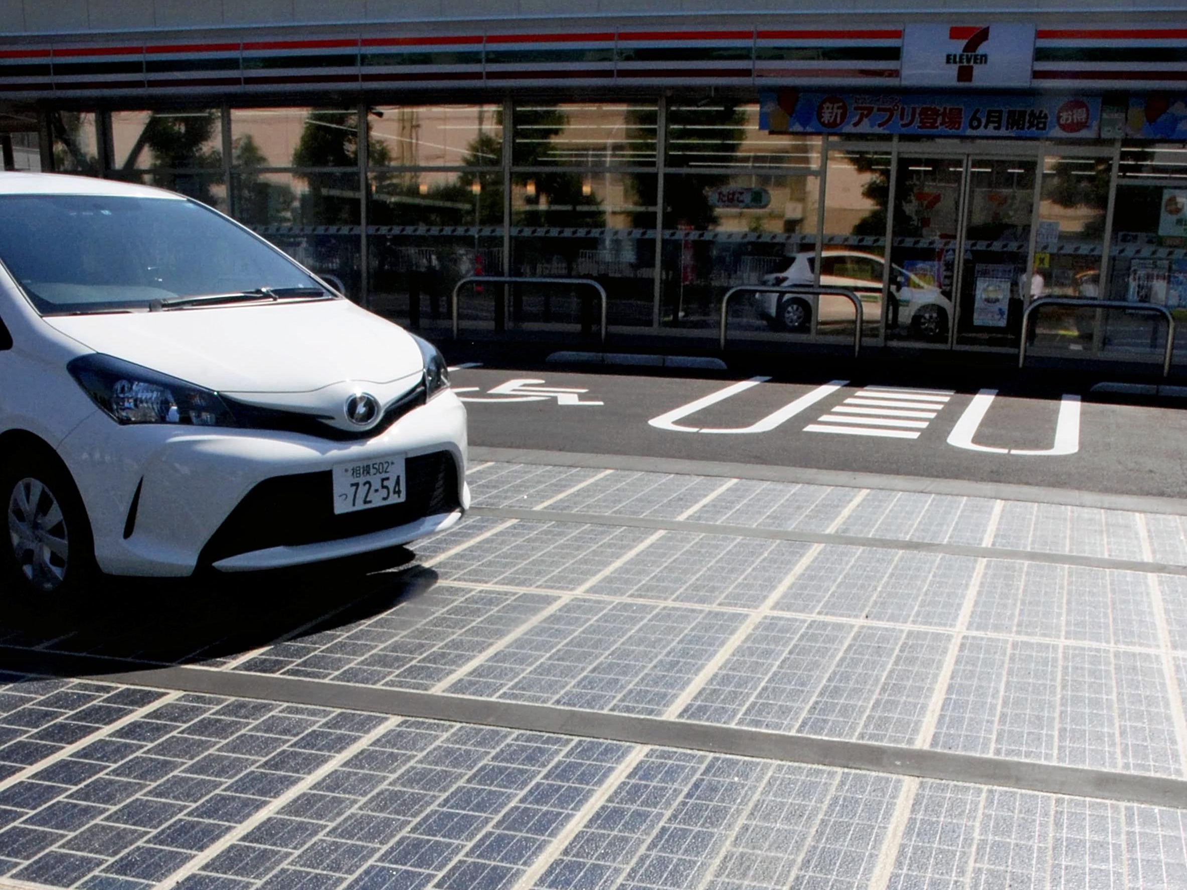Solar panels at a parking lot in Kanagawa Prefecture, Tokyo.