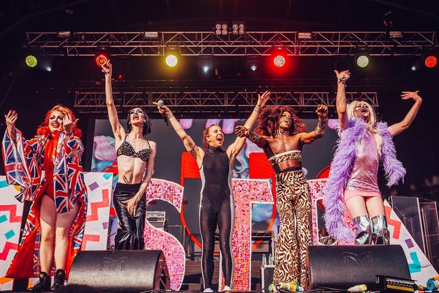Good sport: Mel C was joined by some drag queens posing as her old bandmates